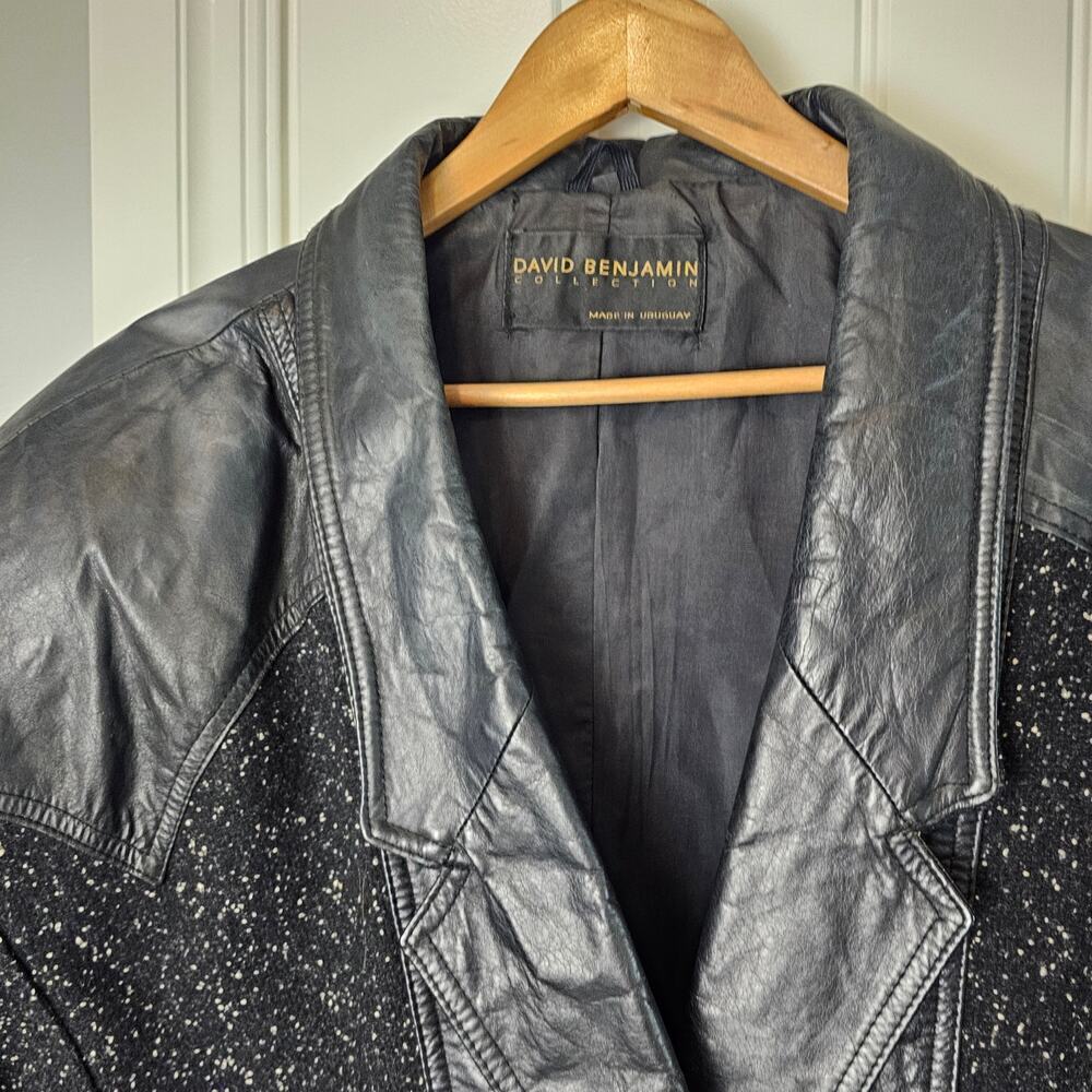 Vintage 8os Bomber Jacket Womens Size 12 Black Wool Leather Punk Glam Rock Retro - Picture 3 of 11